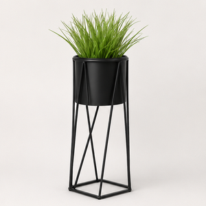 Black Metal Plant <b>Stand</b> with <b>Pot</b> Wrought Iron Floor Planter for Indoor & Outdoor Garden Decor Tall Geometric Flower Holder - Product Image 3