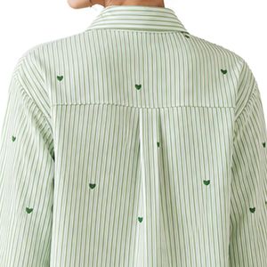Camisa de Mujer a Rayas Verde Claro con Botones, Blusa de Algodón de Manga Larga con Bordado de Corazón, Corte Holgado, Estilo Casual, Top Oversize - Product Image 6