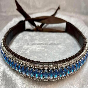 Vente chaude Black Premium Leather Horse Brow Band avec des cristaux clairs décoratifs à 3 rangées et des cristaux bleu ciel Bling Brow Band - Product Image 2