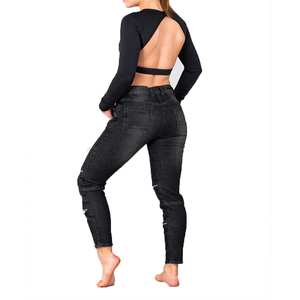 Jean en denim extensible pour femme, style vintage rétro, coupe ample, taille basse, déchiré, coupe crayon, prix abordable, OEM - Product Image 3