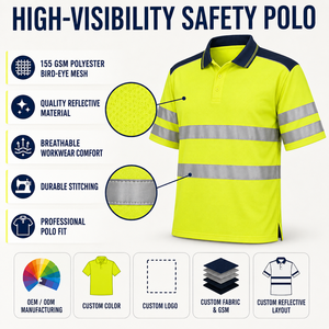 Polo de travail OEM personnalisé avec bande réfléchissante, respirant, haute visibilité, imperméable, uniforme de chantier, léger, en maille polyester, en gros - Product Image 2