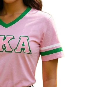Camiseta AKA con cuello en V para mujer, camiseta de algodón con letras en rosa, gris y verde, ropa griega informal de manga corta, Top cómodo de verano - Product Image 6