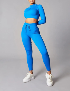 Servicio OEM de Ropa de Gimnasio: Conjunto Deportivo de Compresión para Mujer, Top Corto de Manga Larga con Media Cremallera y Leggings de Cintura Alta - Product Image 2