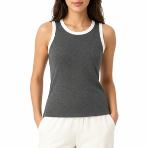 Women Custom Color Ribbed Lace Button Short Sleeveless Tank <b>Top</b> 100% Cotton Soft Stretchable Fabric Premium Design Lightweight - Product Image 1