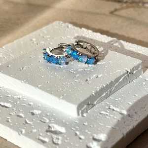 Blue Opal Hoop Earrings 925 Sterling <b>Silver</b> <b>Huggie</b> Earrings October Birthstone Jewelry Gift For Her Dainty Style - Product Image 6