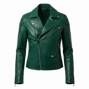 Blouson de moto en cuir vert style classique pour femme – Vente en gros personnalisée, prix usine, style motard authentique, teinture unie tendance - Product Image 2