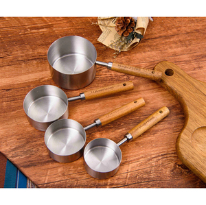 Silver Color Stainless Steel Measuring Cups And Set For Measuring Oil <b>Kitchen</b> <b>Tools</b> & <b>Gadgets</b> Handcrafted Set With Wooden Handle - Product Image 3