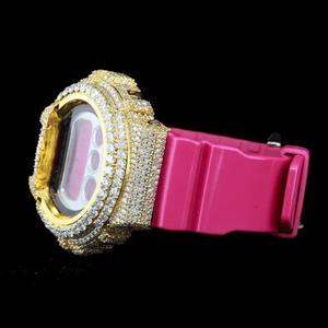 Reloj de Lujo con Incrustaciones de Moissanita, Esfera Digital Rosa, Acabado Dorado, Correa de Silicona, Estilo Hip Hop, Diseño Exclusivo - Product Image 2