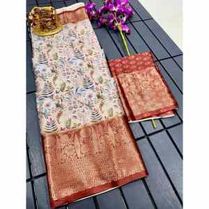 TRADICIONAL KOCHI SEDA MULTIESTAMPADO JACQUARD ZARI WORK SAREE CON BLUSA DESCOSADA NARANJA - Product Image 1