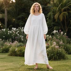 Women White Cotton Maxi <b>Dress</b> Round Neck <b>Long</b> Sleeve Loose Fit Flowy <b>Boho</b> Style <b>Dress</b> - Product Image 3