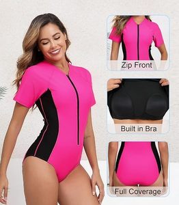 Nouvelle Arrivée Maillot de Bain Une Pièce Femme à Manches Courtes avec Fermeture Éclair Avant Protection UV Color Block Rash Guard Tenue de Plage - Product Image 5
