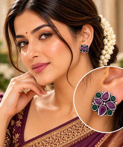 925 Sterling Silver Multicolor Gemstone <b>Cluster</b> Stud Earrings with Purple and Green Stones Fine Jewellery for Women and Girls - Product Image 1