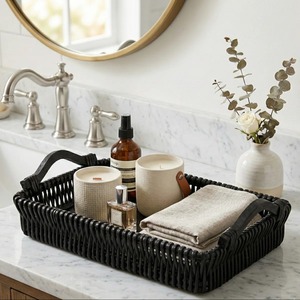 Plateau en rotin tressé noir rectangulaire, style moderne, plateau décoratif de style farmhouse avec poignées, organisation de la salle de bain, emballage en une seule pièce - Product Image 5
