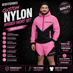 REXFIT SPORTS 2026 Custom <b>Men</b>’s Pink Black Nylon Hooded <b>Jacket</b> and Shorts Set Full Zip Sportswear Private Label - Product Image 1