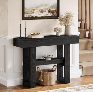 Modern Solid Wood Console Table with Storage Shelf <b>Trestle</b> Base Entryway Living Room Furniture - Product Image 3