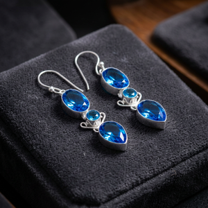 Boucles d'oreilles pendantes classiques en argent sterling 925, topaze bleue suisse ovale et en forme de goutte d'eau, bijoux de fête pour femmes, vente en gros aux États-Unis - Product Image 3