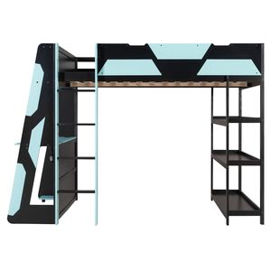 Full Size <b>Gaming</b> Loft Bed with Desk Shelves and LED <b>Lights</b> in Black & Blue - Product Image 4