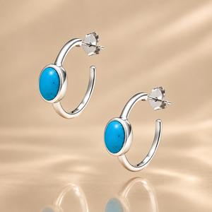 Turquoise 925 <b>Sterling</b> <b>Silver</b> <b>Earring</b> - Oval Cabochon Bezel Half-<b>Hoops</b> - Product Image 3