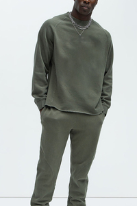 <b>Mens</b> Olive Green Crewneck Sweatshirt Raglan <b>Long</b> <b>Sleeve</b> Fleece Pullover Raw Edge Hem Loose Fit Casual Streetwear Tracksuit <b>Top</b> - Product Image 2