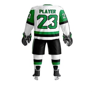 Custom Ice Hockey Uniform Set White Green Black Stripe Design Sublimation Printed Jersey Shorts <b>Socks</b> Gloves Full Kit OEM - Product Image 3