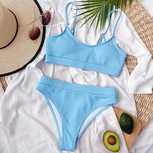 Conjunto de Bikini Acanalado para Mujer, Top Bandeau en Azul Neón y Verde Contraste, Braguita de Cintura Alta, Traje de Baño Elástico de Punto en Spandex y Poliéster - Product Image 2