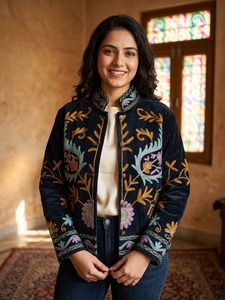 Blouson bomber en velours noir brodé Suzani, épais, écologique, respirant, 100% coton, col montant, manches longues, vêtement décontracté - Product Image 3