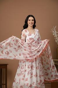 Conjunto de Kurta de Georgette con Estampado Floral Blanco y Dupatta para Mujer, Completamente Cosido con Forro de Crepé, Todas las Tallas Disponibles, Venta al Por Mayor - Product Image 4