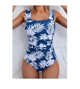 Traje de Baño Retro de Una Pieza para Mujer, Cuello Cuadrado, Estampado por Sublimación, Fruncido, Cobertura Completa, Estilo Modesto - Product Image 2