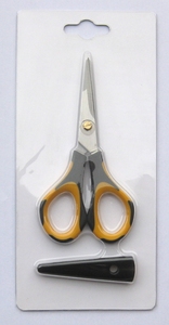 Tijeras Kwang Hsieh de doble filo, con mango amarillo y negro, de acero inoxidable. - Product Image 4
