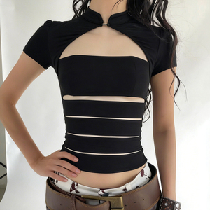 Top Corto Negro Cruzado con Aberturas para Mujer, Ajustado, Sexy, para Club, Primavera Verano, Tejido de Punto, Spandex, Poliéster - Product Image 3
