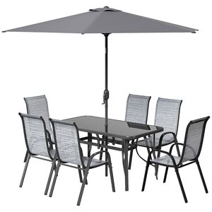 Set di Mobili da Giardino Grigio Misto 8 Pezzi con Ombrellone da 9 Piedi, Tavolo e Sedie da Esterno in PE Resistente alle Intemperie per Uso Ospedaliero - Product Image 1