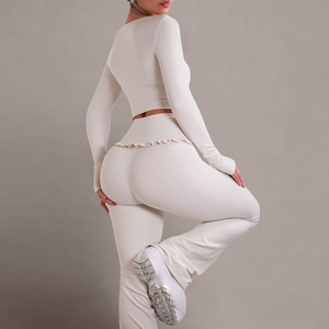 Custom <b>Pink</b> <b>Yoga</b> Set Women's Ballet Inspired Ruffled Long Sleeve Butt Lifting Leggings Comfortable Soft Gym Running Activewear - Product Image 3