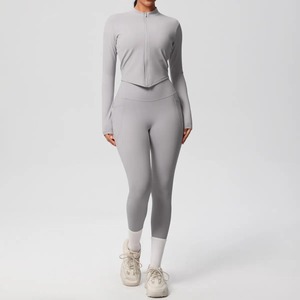 Conjunto de Yoga de 2 Piezas para Mujer, Gris a Cuadros, Leggings Largos, Top Corto de Manga Larga, Cintura Alta, Cierre Frontal sin Costuras, Spandex/Nylon - Product Image 1