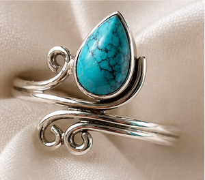 <b>Turquoise</b> Tear Drop Gemstone <b>Ring</b> 925 Sterling Silver Open Band Handmade Fine Jewelry Gift - Product Image 5