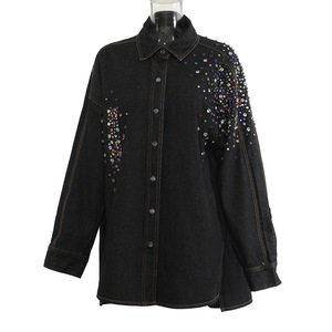 Nueva Chaqueta Vaquera de Moda Primavera 2026 para Mujer, con Solapa Irregular y Pedrería, Talla Grande - Product Image 1