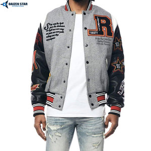 Men's Varsity Jacket Gray Black Sleeve Letter Embroidery Preppy Style Autumn Wear PU Material Patch Designs - Product Image 2