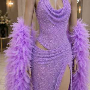 Lavender Crystal Beaded Mermaid Evening Gown Feather Shawl Designer Halter Neck High Slit Sweep Train Prom <b>Dress</b> Glamorous <b>Dress</b> - Product Image 2