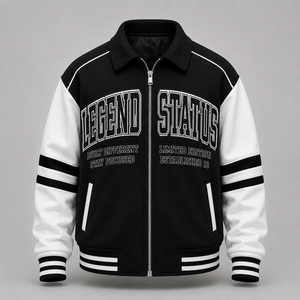 Chaqueta Varsity Legend Status para Hombre, Negra y Blanca con Mangas en Contraste, Cierre de Cremallera Frontal, Estampado de Letras, Estilo Casual para Otoño - Product Image 1