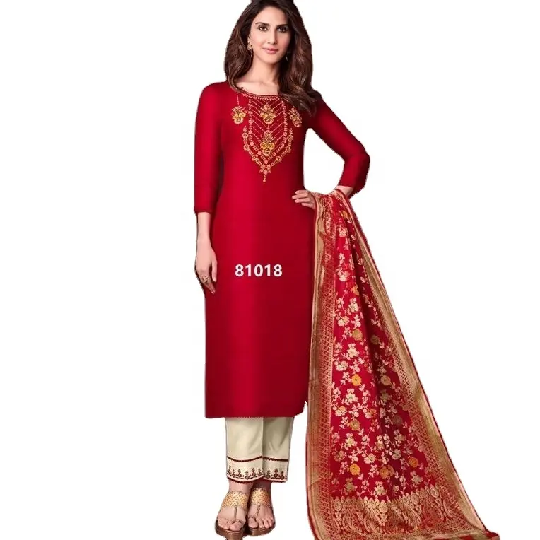 Venda quente bela seda salwar kameez com impresso dupatta cor vermelha pronto vestido feito para as mulheres elegante loja indiana