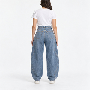 Mid-Rise Washed Blue Boyfriend <b>Jeans</b> for <b>Women</b> XL Size Curved Seam <b>Balloon</b> Denim OEM Private Label - Product Image 2