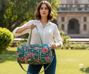 Sacs de voyage matelassés en coton avec nœud et volants, écologiques et durables, fermeture éclair, style décontracté/sport/voyage, fabriqués au Rajasthan - Product Image 2