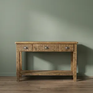 Console rustique en bois à 3 tiroirs avec étagère ouverte et finition naturelle pour salon et entrée - Product Image 4