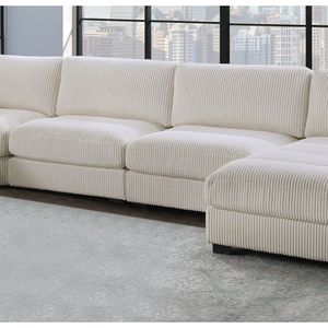 ชุดโซฟาแบบแยกส่วน 6 ชิ้น สีเบจ ผ้ากำมะหยี่เวลท์ พร้อมเก้าอี้ LAF เก้าอี้มุมรูปสามเหลี่ยม เก้าอี้ RAF และเก้าอี้ไม่มีที่วางแขน 3 ตัว สำหรับห้องนั่งเล่น - Product Image 3