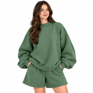 Ensemble sweat-shirt et short pour femme, col rond uni, coupe oversize, col montant, manches longues, style décontracté, streetwear, vêtements de sport, vente en gros OEM - Product Image 2