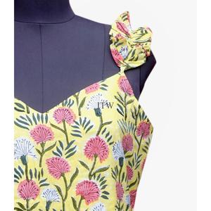 Pure Cotton Hand Block Floral <b>Print</b> Casual <b>Dress</b> Sleeveless Fit and Flare Slip <b>Dress</b> Ruffle Shoulder Summer Casual <b>Dress</b> - Product Image 2