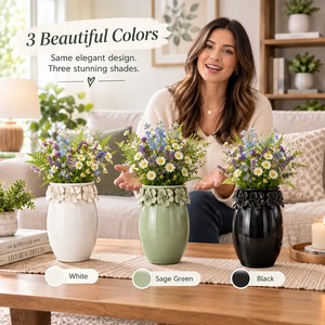 Jarrón de Cerámica Blanco con Relieve Floral, Estilo Bohemio, Decoración de Mesa, Soporte para Arreglos Florales Hecho a Mano - Product Image 3
