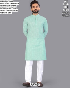 <b>Men's</b> Light Green Cotton <b>Kurta</b> Chikankari Work Regular Fit Floor-Length Traditional Wear Casual Occasion Quick Dry All Seasons S - Product Image 3