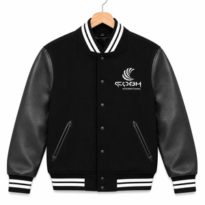 Veste de baseball pour hommes noirs, style varsity, manches en cuir, fermeture à boutons pression, logo sur le devant, col côtelé - Product Image 5