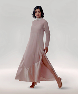 Robe longue rose élégante de style western avec col montant et panneaux structurés, idéale pour les tenues décontractées et habillées de jour - Product Image 2