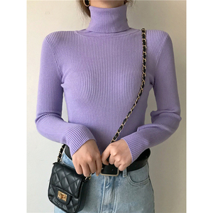 Jersey de mujer personalizado, suéter de cuello alto, Otoño, manga larga, ajustado, elástico, coreano, básico, Top sólido, lavanda, talla única, nuevo, barato - Product Image 1